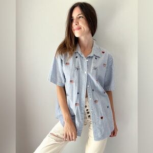 90s Baby Blue Gingham Embroidered American Flag Fireworks Stars Button Up Top